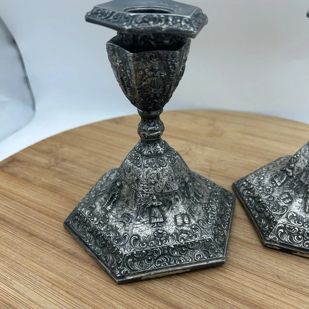 VINTAGE JB JENNINGS BROTHERS CANDLE HOLDER Set ART NOUVEAU PASTORAL SCENE MARKED